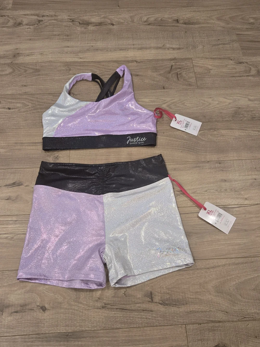 NWT Justice Girls Metallic Colorblock Sports Bra & Shorties 2PC Set Gym Dance XL